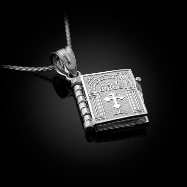 Sterling Silver Holy Bible 3D Book Pendant Necklace