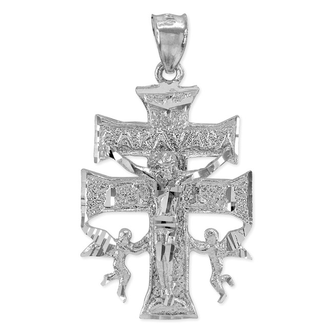 Silver Caravaca Double Cross with Angels Crucifix Pendant