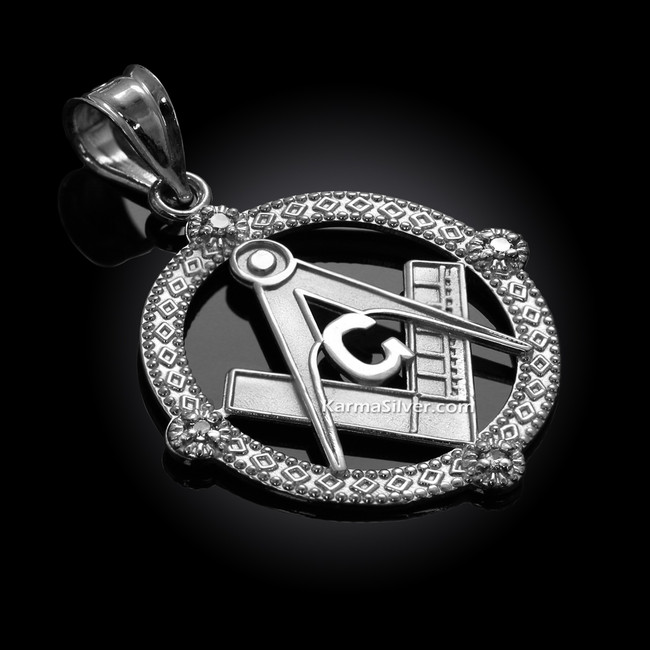 Sterling Silver Freemason Round Masonic CZ Pendant Necklace