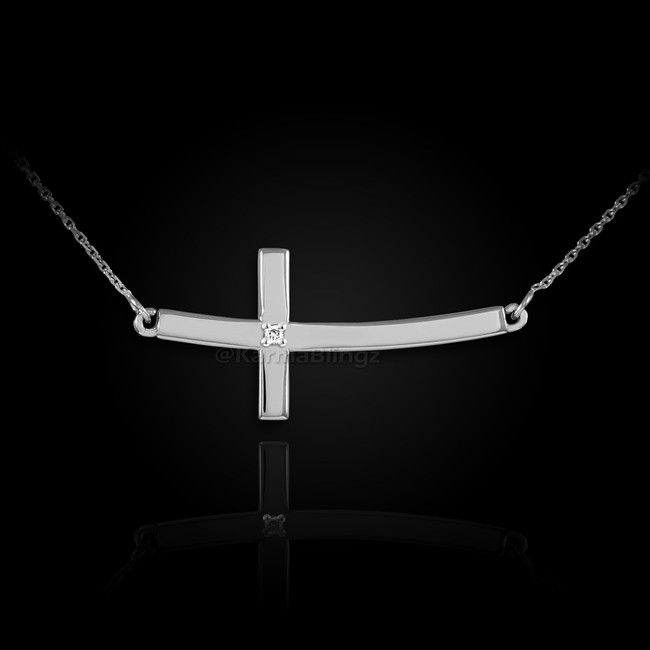Sterling Silver Sideways Curved Diamond Cross Necklace