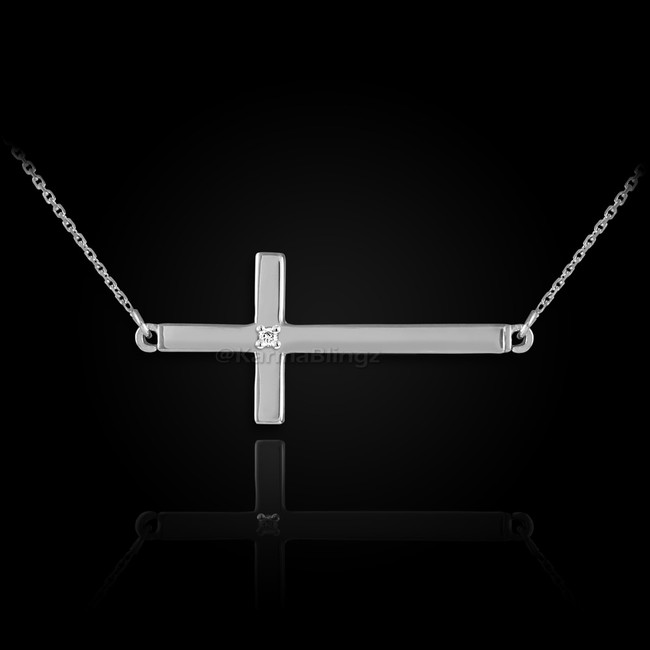 Sterling Silver Sideways Diamond Cross Necklace