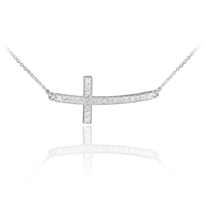 Sterling Silver Sideways Curved Cross CZ Necklace