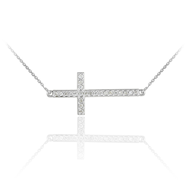 Sterling Silver Sideways Cross CZ Necklace