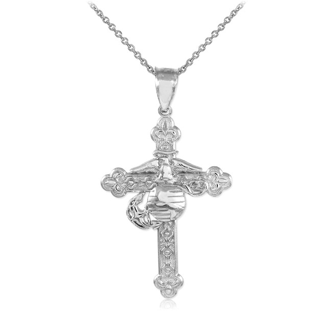 Sterling Silver US Marines Christian Cross Pendant Necklace