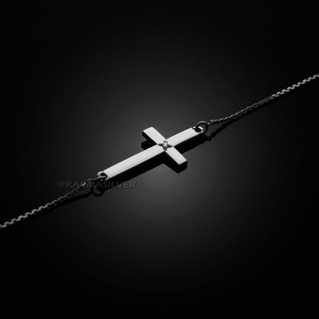 Sterling Silver Sideways Cross Cute Diamond Bracelet