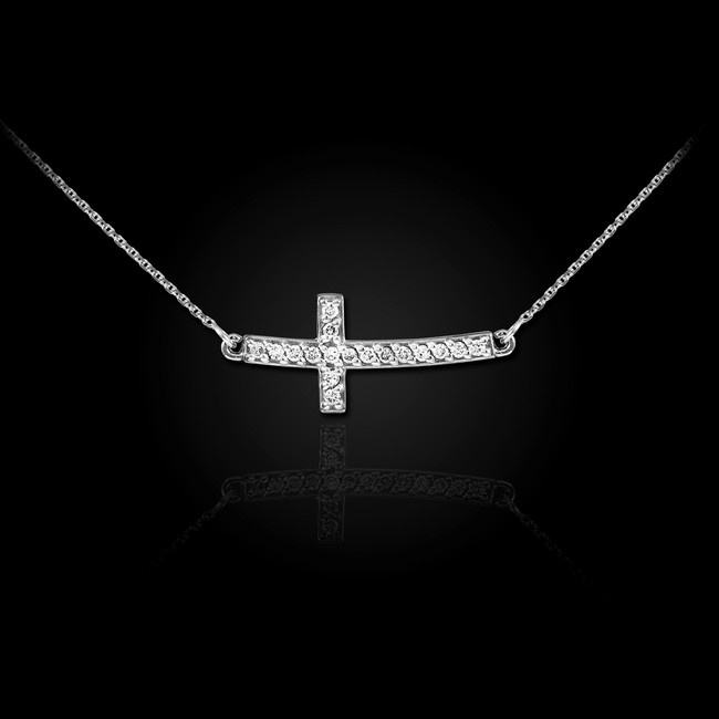 Sterling Silver Sideways Curved CZ Cross Necklace