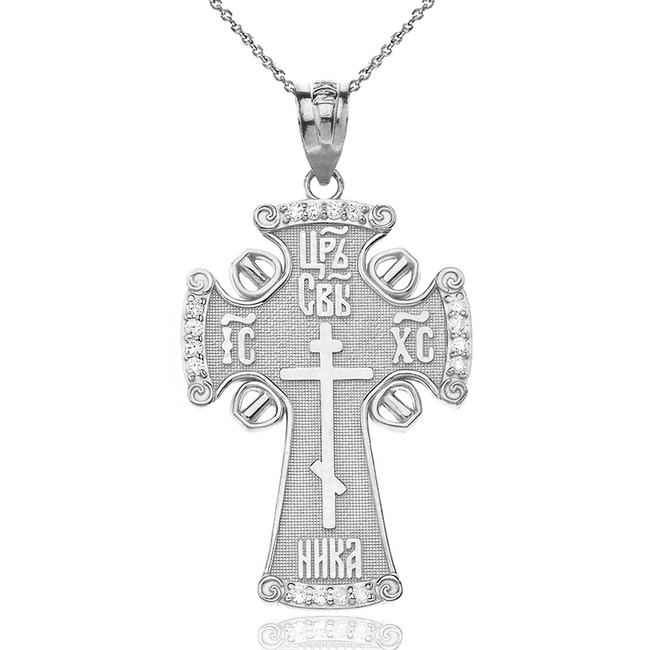 Sterling Silver Russian Orthodox Cross CZ Pendant Necklace