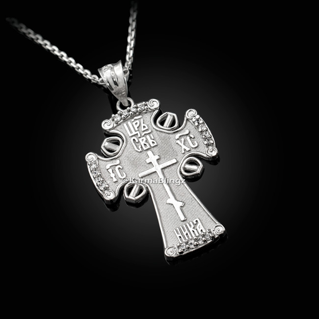 Sterling Silver Russian Orthodox Cross CZ Pendant Necklace