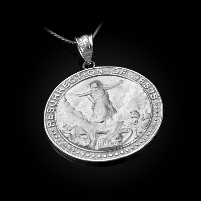 Sterling Silver Resurrection of Jesus Round Medallion Pendant Necklace