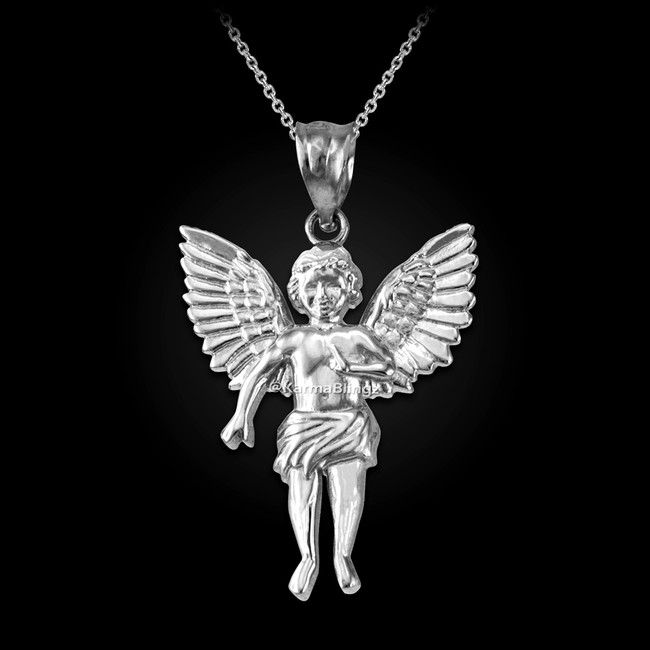 Sterling Silver Cherub Guardian Angel Pendant Necklace (L)