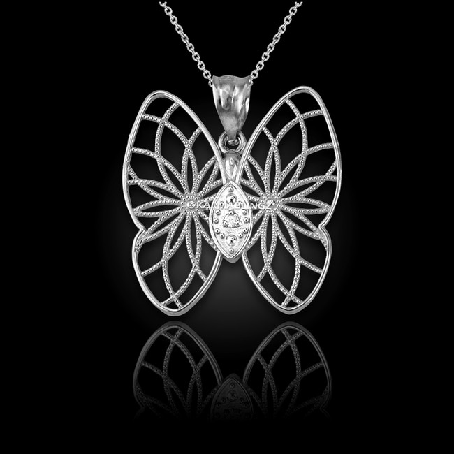 Sterling Silver Filigree Butterfly Diamond Pendant Necklace