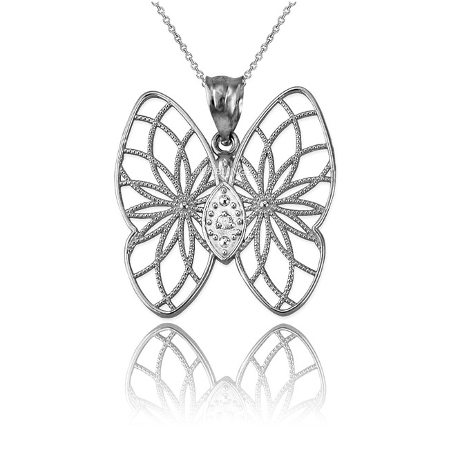 Sterling Silver Filigree Butterfly Diamond Pendant Necklace