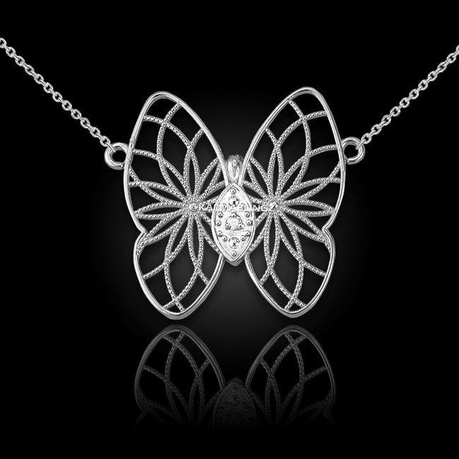 Sterling Silver Filigree Butterfly Diamond Necklace