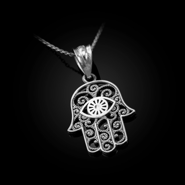 Sterling Silver Filigree Hamsa Evil Eye Charm Necklace