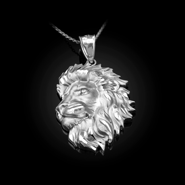 Sterling Silver Lion Face Sparkle Cut Pendant Necklace