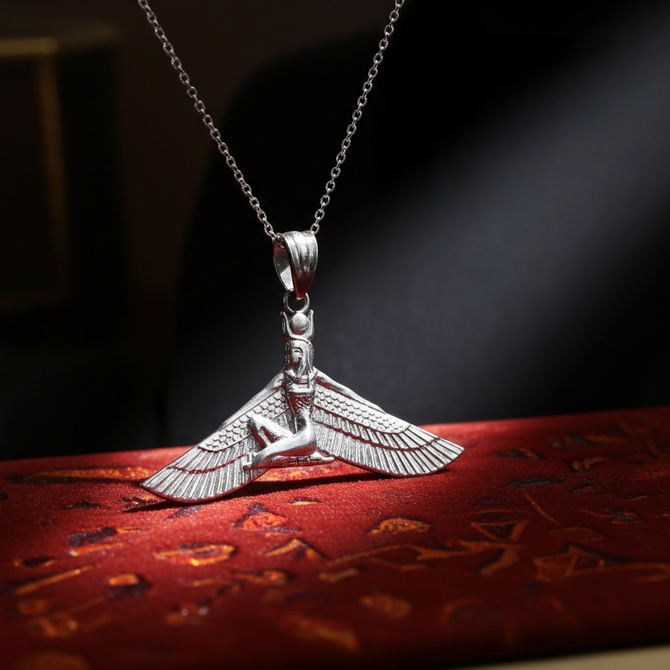 Sterling Silver Egyptian Isis Winged Down Goddess Pendant Necklace
