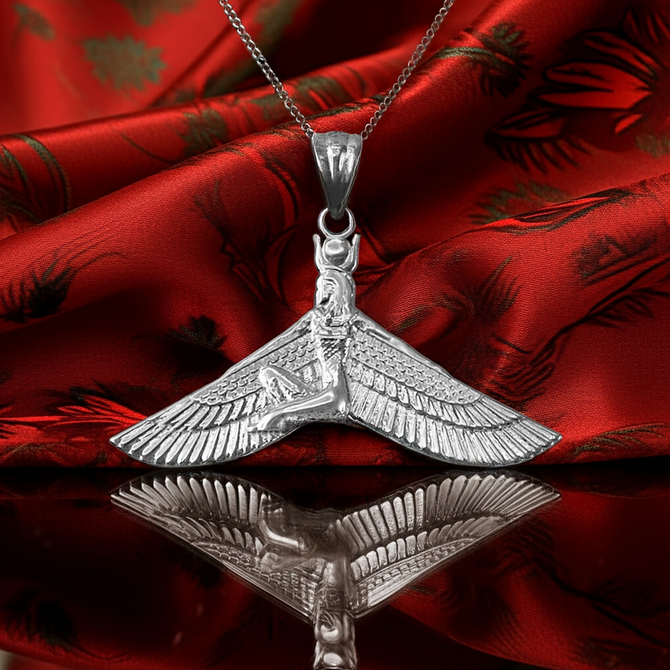 Sterling Silver Egyptian Isis Winged Down Goddess Pendant Necklace