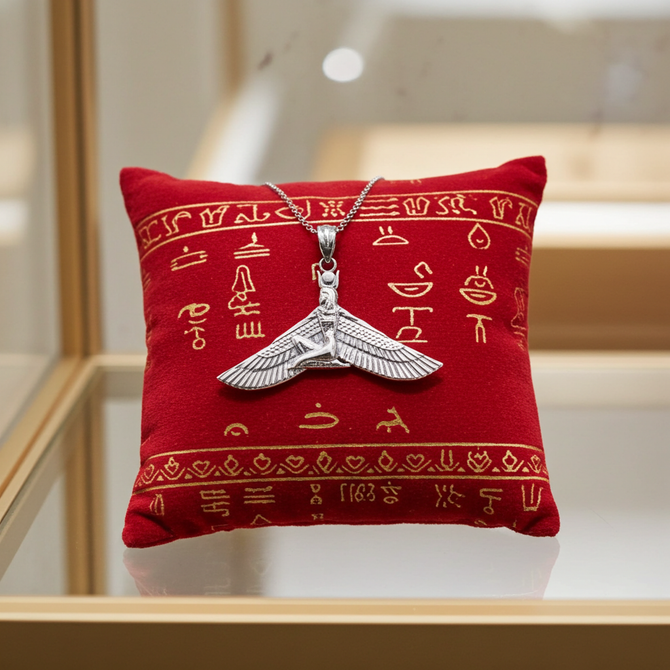 Sterling Silver Egyptian Isis Winged Down Goddess Pendant Necklace