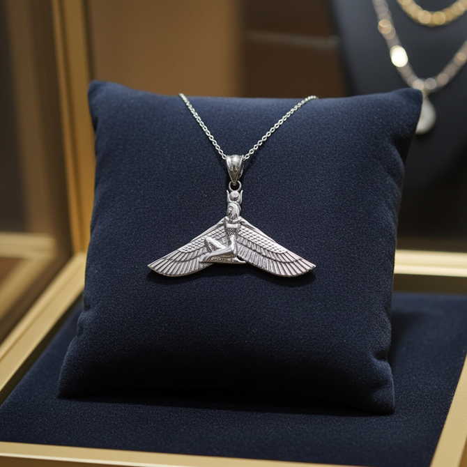 Sterling Silver Egyptian Isis Winged Down Goddess Pendant Necklace
