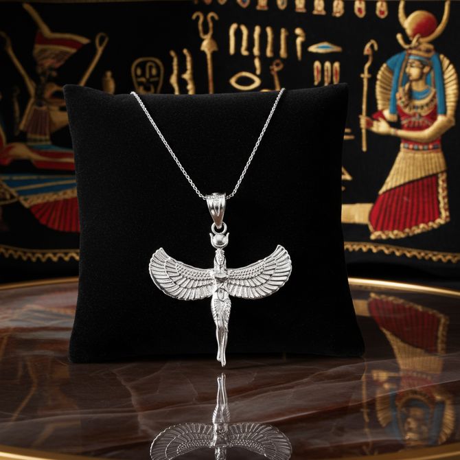 Sterling Silver Egyptian Isis Standing Winged Goddess Pendant Necklace