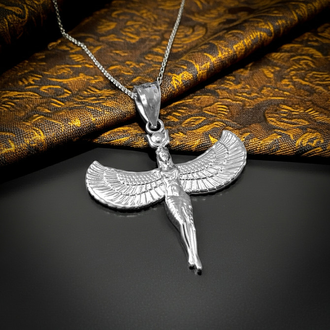 Sterling Silver Egyptian Isis Standing Winged Goddess Pendant Necklace