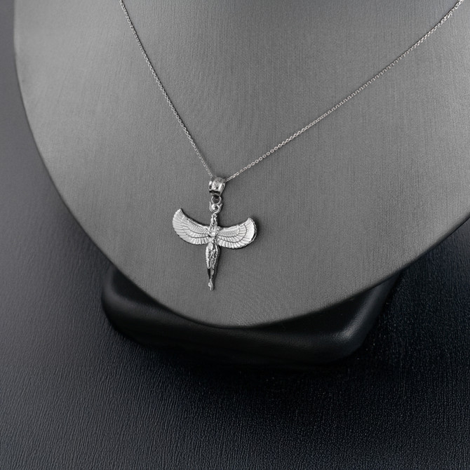 Sterling Silver Egyptian Isis Standing Winged Goddess Pendant Necklace