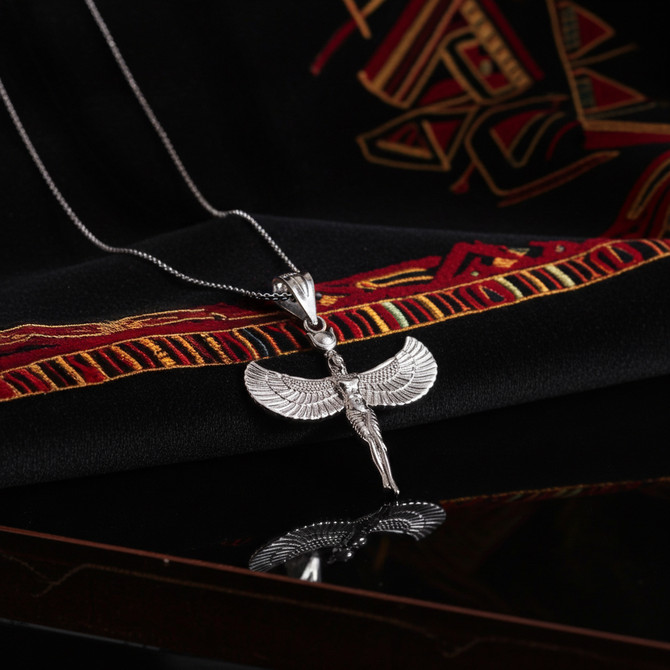 Sterling Silver Egyptian Isis Standing Winged Goddess Pendant Necklace