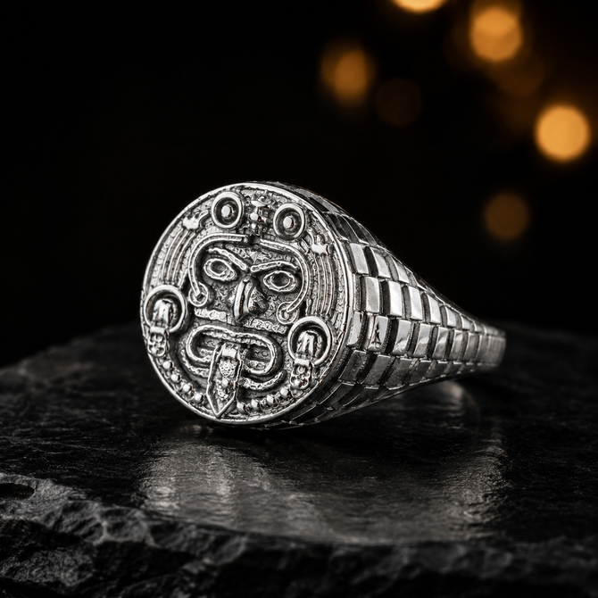 Rugged Aztec Mayan Sun Signet Ring in Sterling Silver