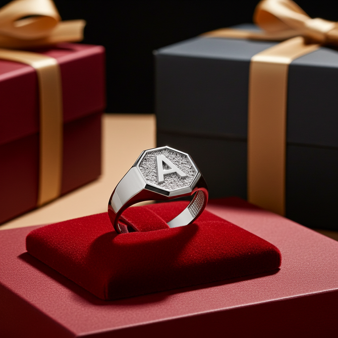 Men's Sterling Silver Letter Initial Octagon Signet Ring