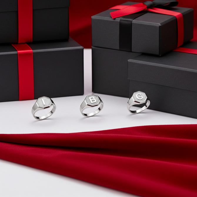 Men's Sterling Silver Letter Initial Octagon Signet Ring