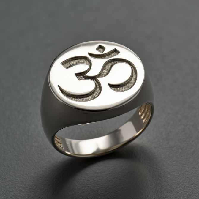 Sterling Silver Om Symbol Signet Men's Meditation Yoga Statement Ring