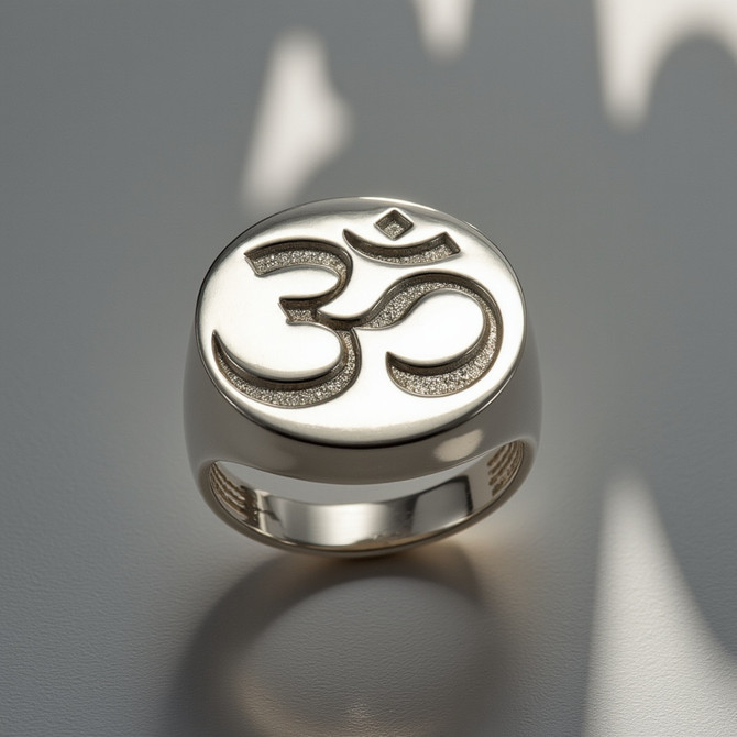 Sterling Silver Om Symbol Signet Men's Meditation Yoga Statement Ring
