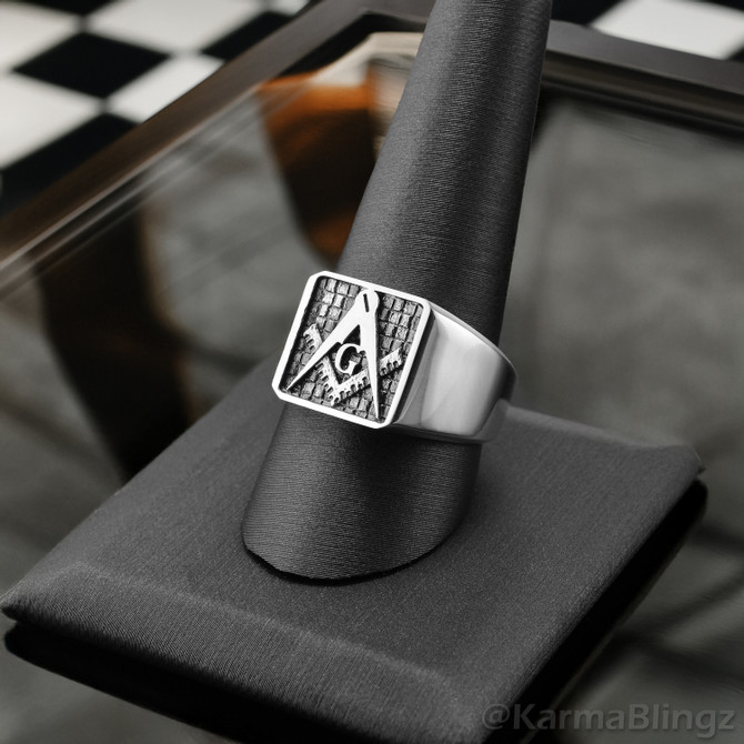 Sterling Silver Masonic Square and Compass Signet Ring Freemason Polished Band