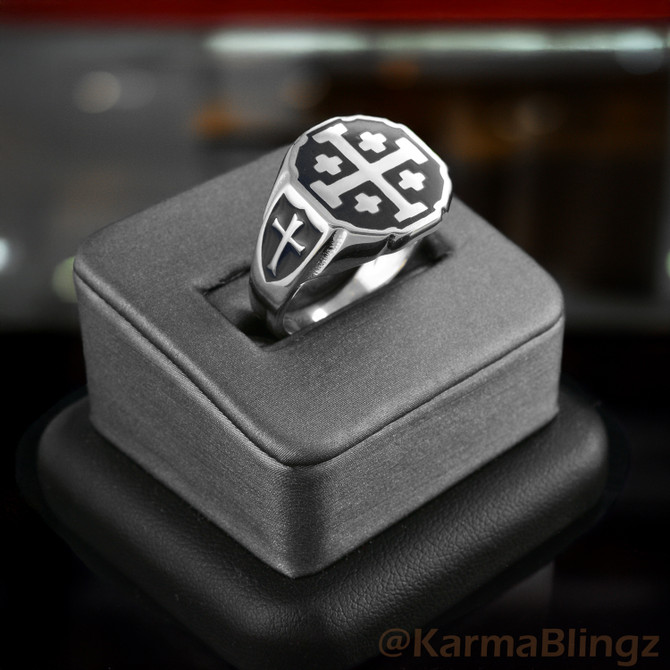 Sterling Silver Enamel Jerusalem Cross Octagon Signet Ring – Color Options