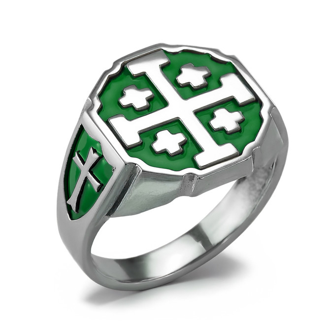 Sterling Silver Enamel Jerusalem Cross Octagon Signet Ring – Color Options