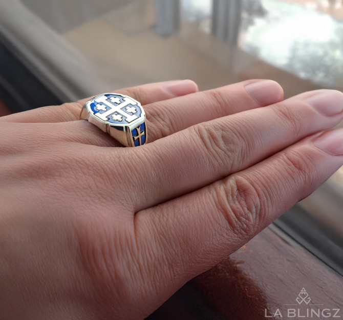 Sterling Silver Enamel Jerusalem Cross Octagon Signet Ring – Color Options