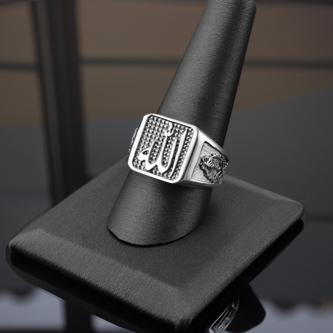 Solid Sterling Silver Square Allah Signet Ring Arabic Calligraphy Saudi Kingdom Band