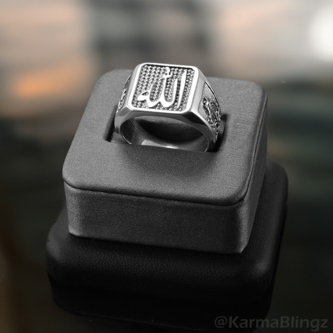 Solid Sterling Silver Square Allah Signet Ring Arabic Calligraphy Saudi Kingdom Band
