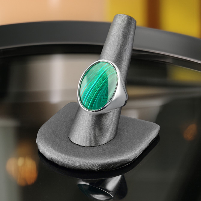 Polished Sterling Silver Green Malachite Gemstone Bold Statement Ring