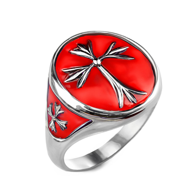 Sterling Silver Enamel Cross Pattée Oval Signet Ring – Medieval Gothic Unisex Jewelry