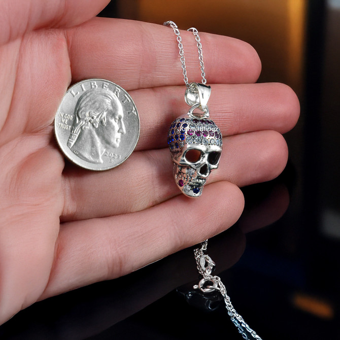 Handcrafted Sterling Silver Skull 3D Pendant With USA Flag CZ Colors Patriotic Design