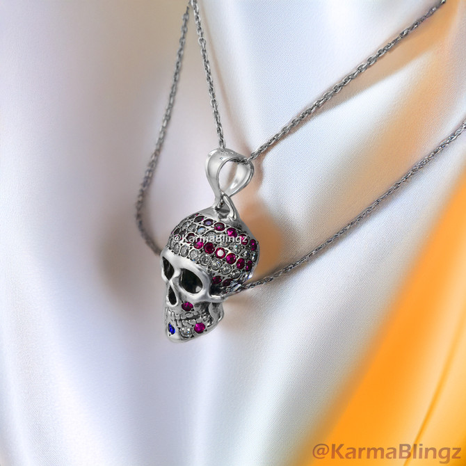 Handcrafted Sterling Silver Skull 3D Pendant With USA Flag CZ Colors Patriotic Design
