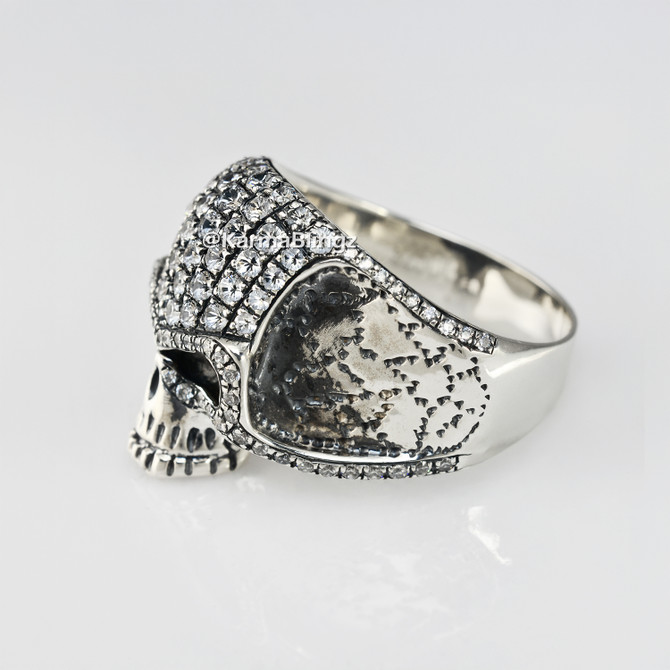 Oxidized Sterling Silver Punisher Skull Ring Iced Out CZ Statement Jewelry for Men