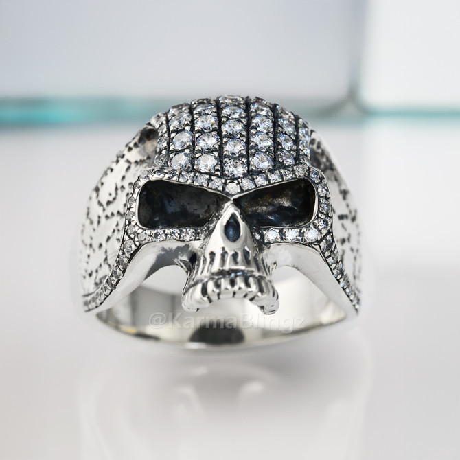 Oxidized Sterling Silver Punisher Skull Ring Iced Out CZ Statement Jewelry for Men