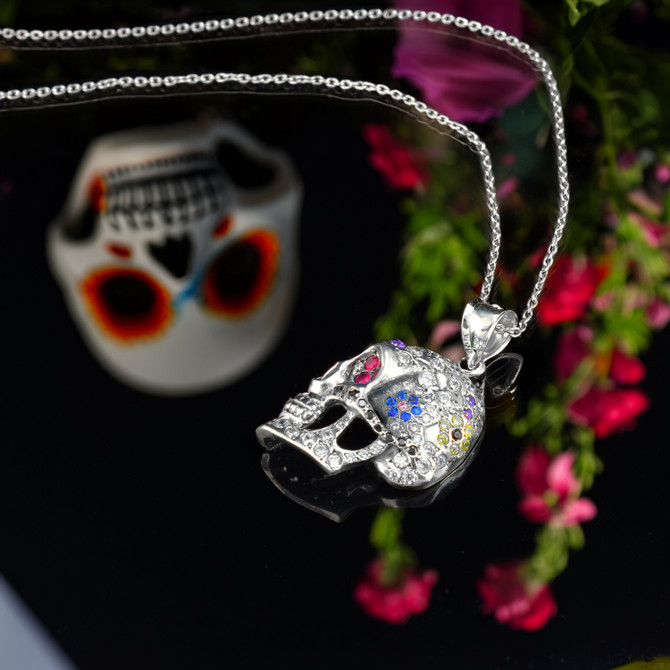 Handcrafted Sterling Silver Sugar Skull Pendant Multicolor CZ Stones Unisex Necklace