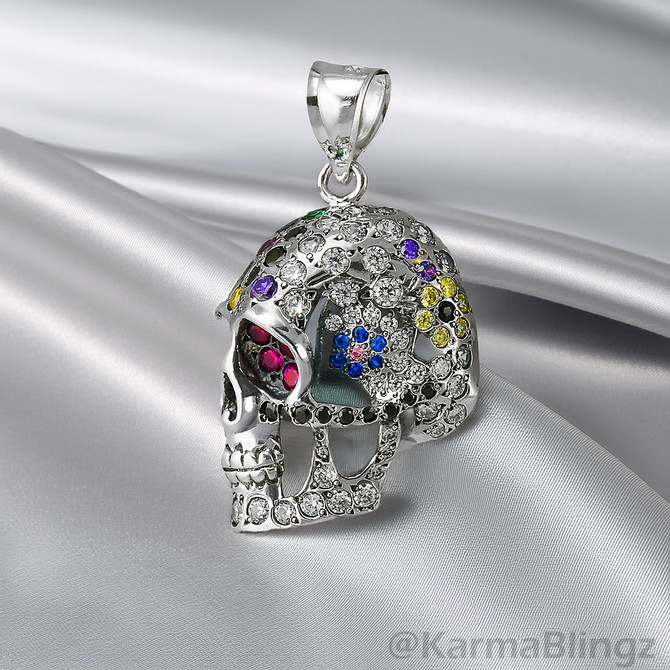 Handcrafted Sterling Silver Sugar Skull Pendant Multicolor CZ Stones Unisex Necklace