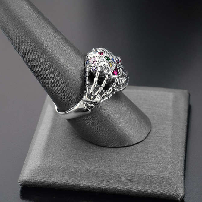 Oxidized Sterling Silver Skull Ring Skeleton Hands Red CZ Eyes Multicolor CZ Stones