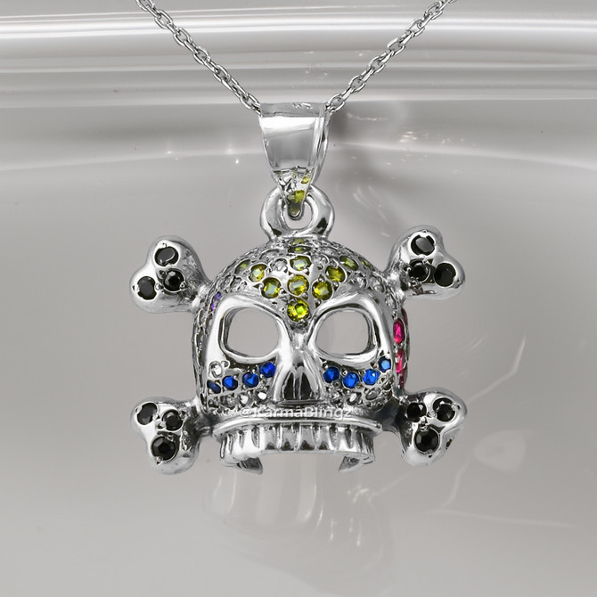 Sterling Silver 3D Skull and Crossbones Pendant Gothic Sugar Skull Necklace with Multicolor CZ Floral Accents Unisex