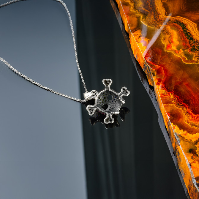 Sterling Silver 3D Skull and Crossbones Pendant Gothic Sugar Skull Necklace with Multicolor CZ Floral Accents Unisex