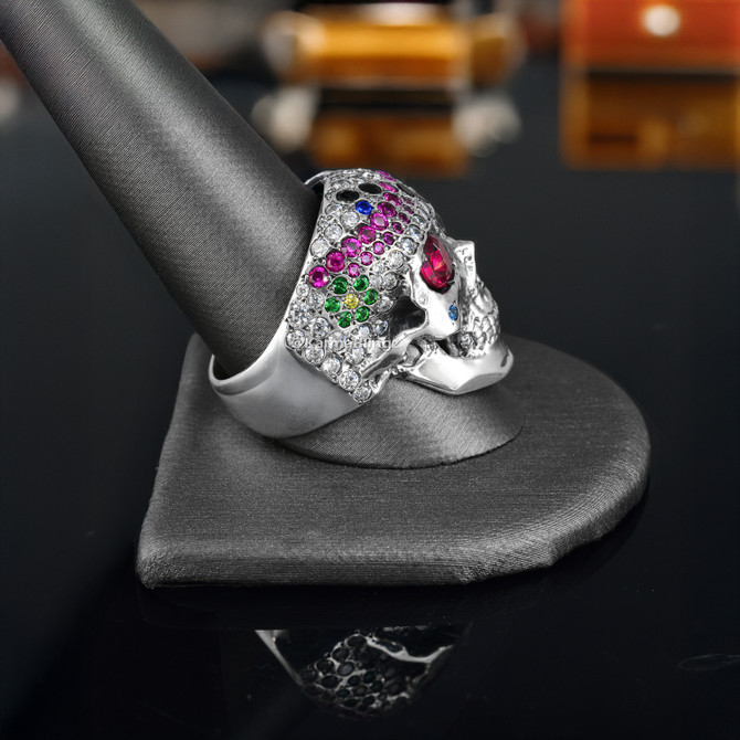 Bold Sterling Silver Sugar Skull Statement Ring with Multicolor CZ Red and Pirate Black Eye Patch Stones